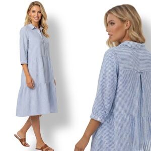 CECIL Blue White Striped Seersucker Tiered Shirt Dress 3/4 Sleeve Cotton Size S